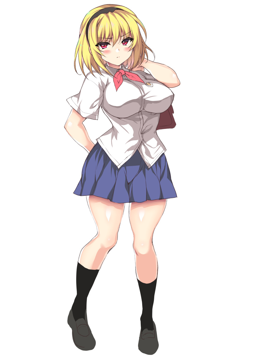 1girl absurdres bag blonde_hair blush breasts closed_mouth collared_shirt hairband headband highres higurashi_no_naku_koro_ni houjou_satoko large_breasts long_hair ninoko older pink_neckwear pleated_skirt purple_eyes school_bag school_uniform serafuku shirt short_hair short_sleeves skirt standing sweater thighhighs white_shirt