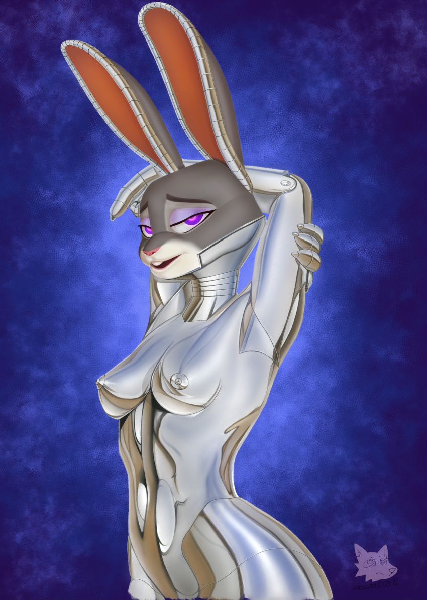 anthro bedroom_eyes big_breasts breasts cybernetics cyberpunk cyborg disney esahma female fur hi_res judy_hopps lagomorph leporid machine mammal narrowed_eyes nipples nude rabbit robot seductive slim zootopia