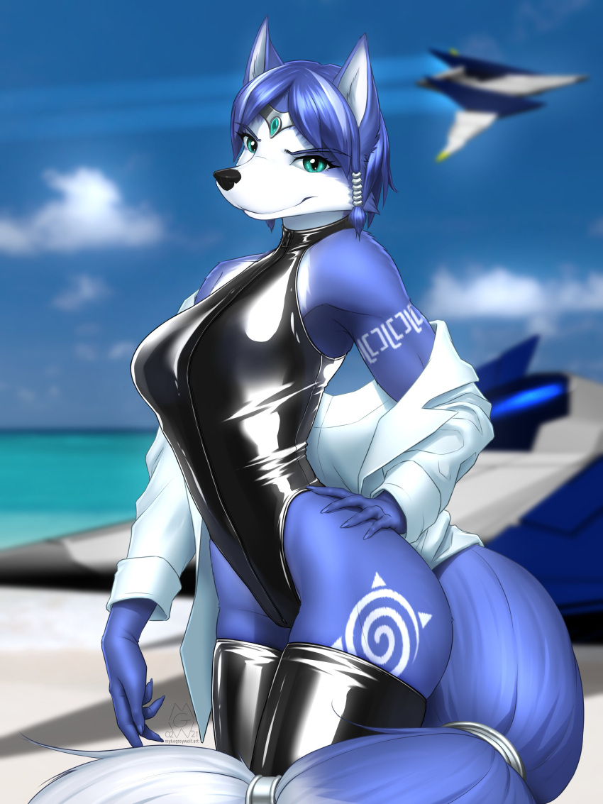 2021 absurd_res anthro arm_markings arwing beach black_nose blue_body blue_fur blue_hair breasts canid canine clothed clothing countershade_face countershade_torso countershading digital_media_(artwork) female fox fur hair hand_on_hip hand_on_own_hip head_jewelry hi_res jacket krystal legwear looking_at_viewer mammal markings multicolored_body multicolored_fur mykegreywolf nintendo rubber rubber_clothing rubber_stockings sea seaside signature smile solo standing star_fox stockings tailband thigh_marking topwear tribal_markings two_tone_body two_tone_fur undressing video_games water white_body white_countershading white_fur