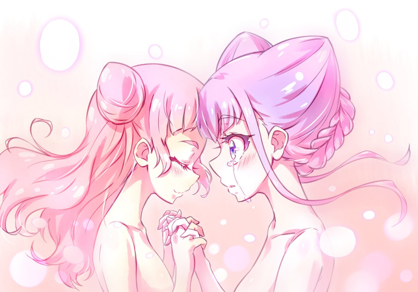 2girls blue_eyes braid closed_eyes closed_mouth collarbone crying crying_with_eyes_open cure_yell double_bun highres holding_hands hugtto!_precure interlocked_fingers kyoutsuugengo long_hair multiple_girls nude open_mouth pink_hair precure profile purple_hair ruru_amour shiny shiny_hair smile tears upper_body