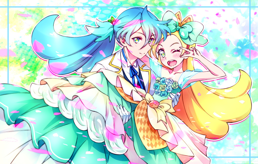 1boy 1girl ;d aqua_bow armpits bangs blonde_hair blue_hair blue_ribbon bow brother_and_sister carrying closed_mouth collarbone dress hair_between_eyes hair_bow highres jacket julio_(precure) kirahoshi_ciel kirakira_precure_a_la_mode kyoutsuugengo layered_dress long_dress long_hair neck_ribbon one_eye_closed open_mouth precure princess_carry ribbon shiny shiny_hair siblings sleeveless sleeveless_dress smile symbol-shaped_pupils very_long_hair white_jacket