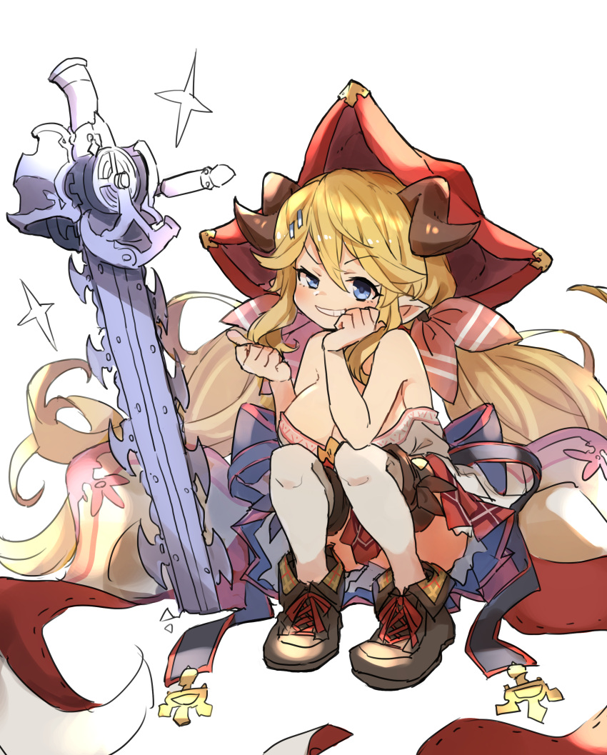1girl absurdres blonde_hair blue_eyes breasts chainsaw draph gazacy_(dai) granblue_fantasy grin hallessena hat highres horns large_breasts long_hair low_twintails planted_weapon smile squatting thighhighs twintails weapon