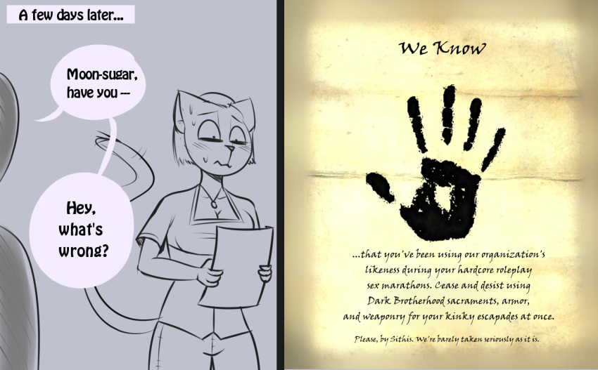 anthro bethesda_softworks bodily_fluids clothed clothing comic dark_brotherhood dialogue duo english_text felid female hand_print hashdrawingslasher human khajiit male male/female mammal nervous note silhouette sketch speech_bubble sweat text the_elder_scrolls video_games