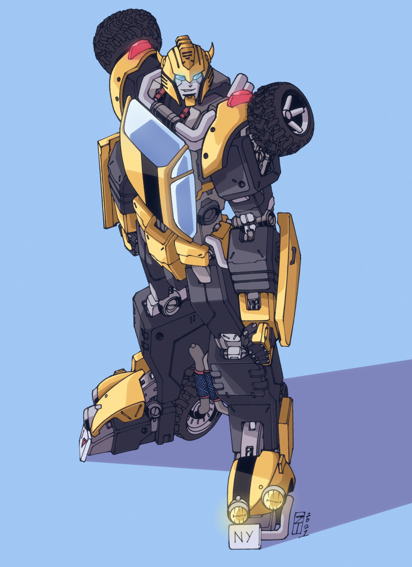 1boy absurdres autobot blue_eyes bumblebee english_commentary from_above highres horns i_heart... lextodrawstuff mecha no_humans science_fiction smile solo standing transformers wheel