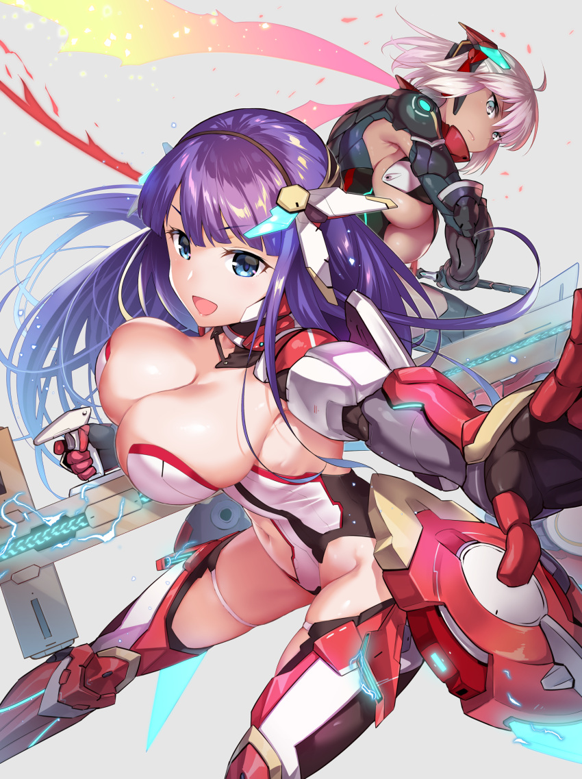 2girls aerial_drive ahoge bangs blue_eyes blunt_bangs blush breasts dark_skin dark_skinned_female fate/grand_order fate_(series) grey_eyes gun highres katana koha-ace large_breasts leotard long_hair looking_at_viewer martha_(fate) mecha_musume multiple_girls okita_souji_(alter)_(fate) okita_souji_(fate)_(all) ono_misao open_mouth purple_hair short_hair smile sword thighs weapon white_hair white_leotard