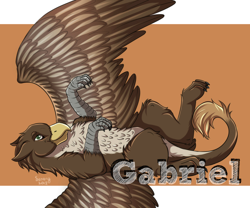 2017 avian beak bird digital_media_(artwork) feathered_wings feathers feral gabrielgryphon green_eyes gryphon jenery lying male mythological_avian mythology on_back quadruped solo tail_tuft tuft wings