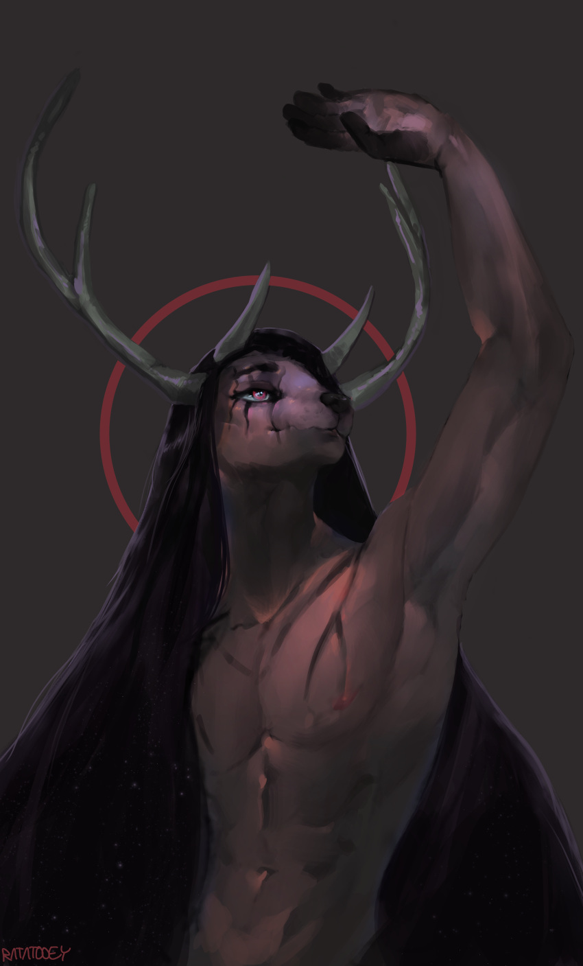 abs abstract_background absurd_res anthro antlers black_hair cervid digital_media_(artwork) digital_painting_(artwork) front_view hair half-length_portrait hi_res horn long_hair male mammal portrait raised_arm raised_hand ratatooey signature solo