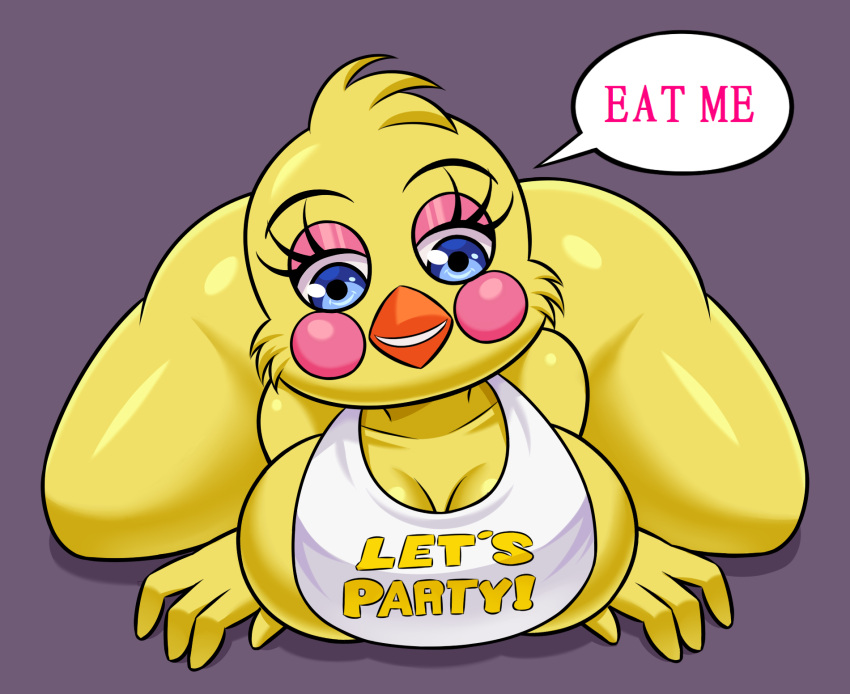 anthro avian beak bib big_breasts bird blue_eyes blush blush_stickers breasts chicken cleavage clothed clothing curvy_figure english_text eyelashes eyeshadow female five_nights_at_freddy's five_nights_at_freddy's_2 fur galliform gallus_(genus) hi_res huitu_c makeup non-mammal_breasts phasianid solo text thick_thighs toy_chica_(fnaf) video_games voluptuous wide_hips yellow_body yellow_fur