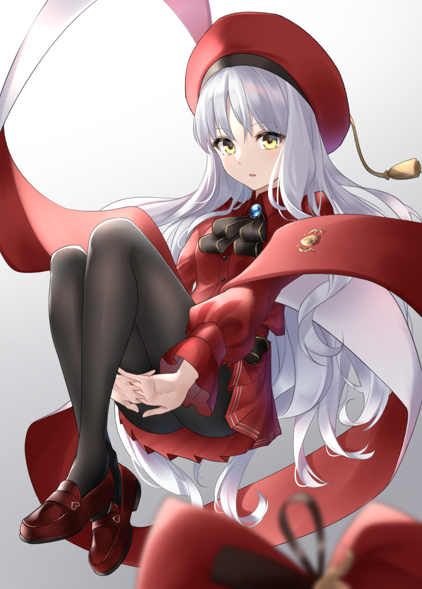 1girl absurdres bangs beret black_legwear blush breasts brooch caren_hortensia caren_hortensia_(amor_caren) dress fate/grand_order fate_(series) gradient gradient_background hat highres jewelry legs long_hair long_sleeves looking_at_viewer neck_ribbon open_mouth pantyhose red_dress red_footwear red_headwear ribbon shawl small_breasts tsurupy wavy_hair white_hair yellow_eyes