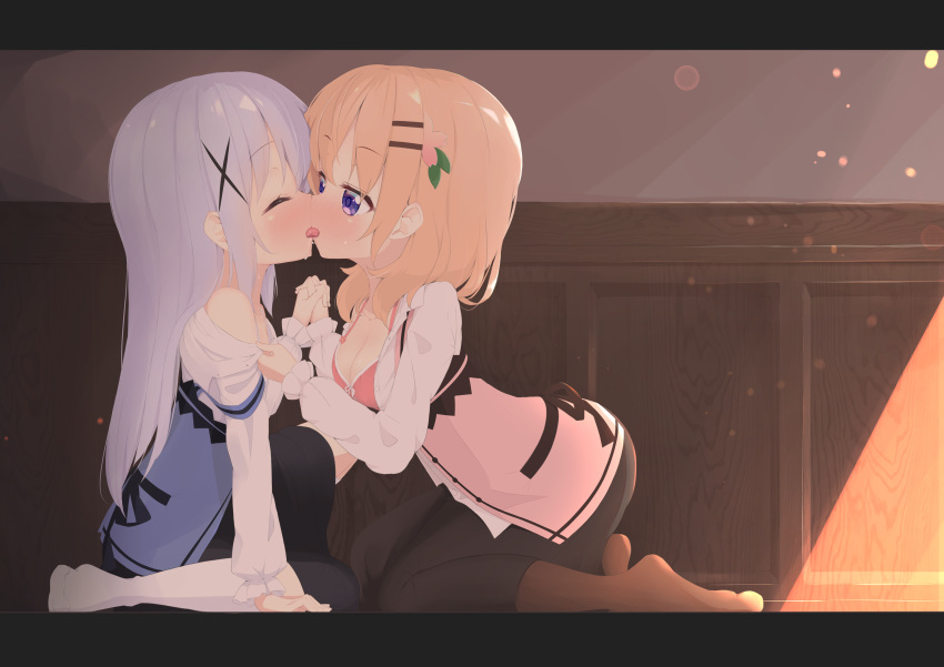 2girls absurdres bra breasts cleavage closed_eyes cross_hair_ornament flower french_kiss gochuumon_wa_usagi_desu_ka? hair_flower hair_ornament hairclip highres holding_hands hoto_cocoa indoors interlocked_fingers kafuu_chino kinagi kiss lens_flare light_blue_hair long_hair looking_at_another medium_breasts medium_hair multiple_girls no_shoes orange_hair purple_eyes rabbit_house_uniform saliva sitting socks sunlight sweat tongue unbuttoned underwear undressing undressing_another wariza wooden_wall yuri