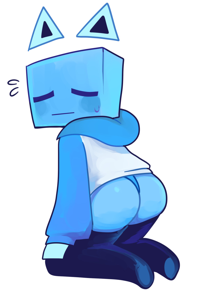 alpha_channel ambiguous_gender blue_body blush bodily_fluids butt clothing hi_res hoodie humanoid just_shapes_and_beats looking_back sad_cube simple_background solo suepii sweat topwear video_games