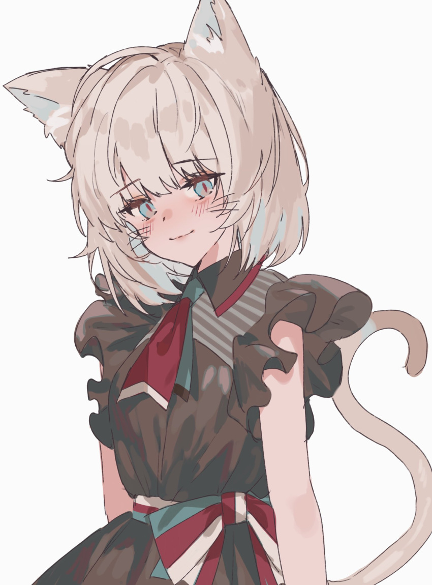1girl animal_ears aogisa arknights blonde_hair blue_eyes blush brown_dress cat_ears cat_tail character_request dress eyebrows_visible_through_hair highres looking_at_viewer medium_hair smile solo tail white_background