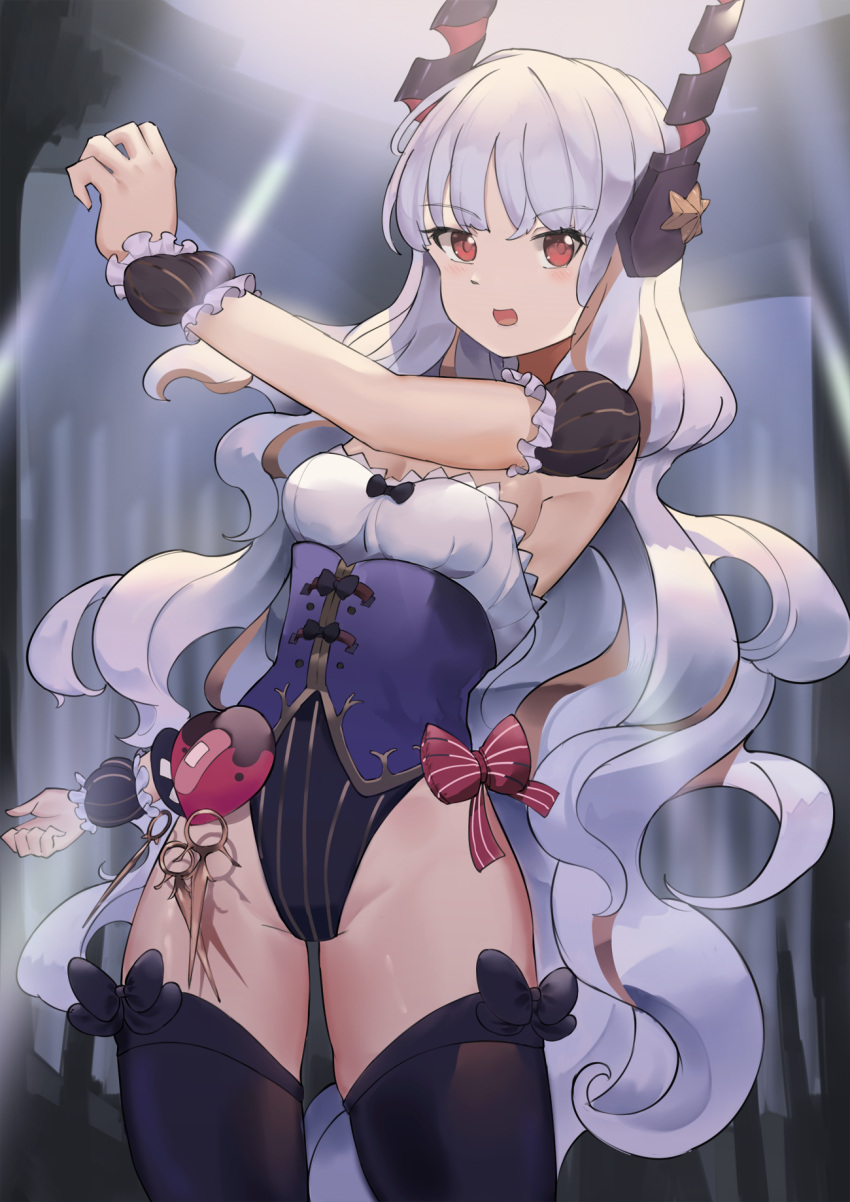 1girl bangs black_legwear blush bow breasts caren_hortensia caren_hortensia_(amor_caren) corset fate/grand_order fate_(series) frills hair_ornament highleg highleg_leotard highres leotard light_rays long_hair looking_at_viewer medium_breasts open_mouth pink_bow puffy_short_sleeves puffy_sleeves red_eyes ruisha short_sleeves thighhighs thighs very_long_hair wavy_hair white_hair wrist_cuffs