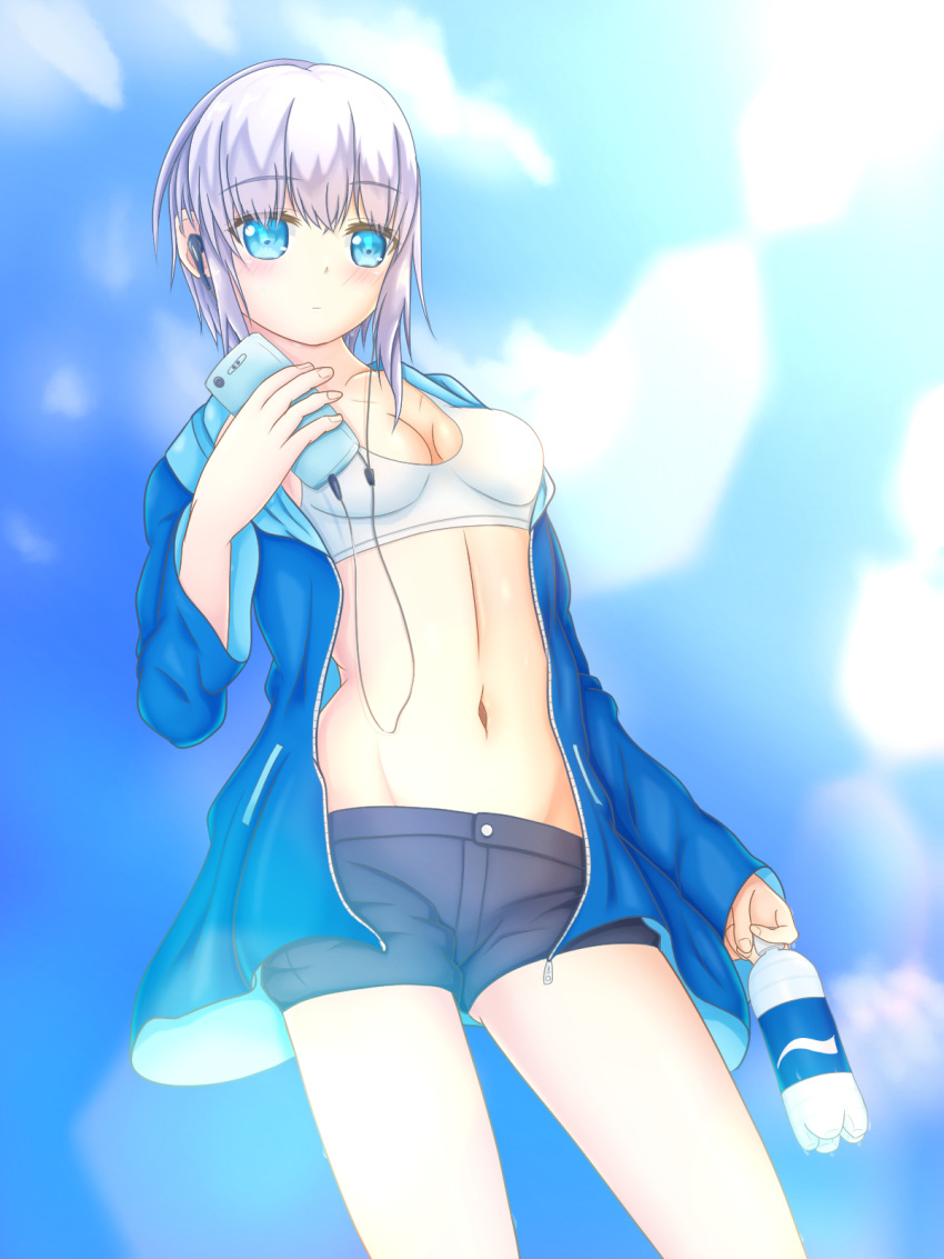 1girl blue_eyes blue_jacket blue_sky bottle breasts cellphone day earphones gikou highres holding holding_phone hood hoodie jacket looking_at_viewer medium_breasts medium_hair navel original personification phone plastic_bottle pocari_sweat short_shorts shorts silver_hair sky smartphone solo sports_bra white_sports_bra