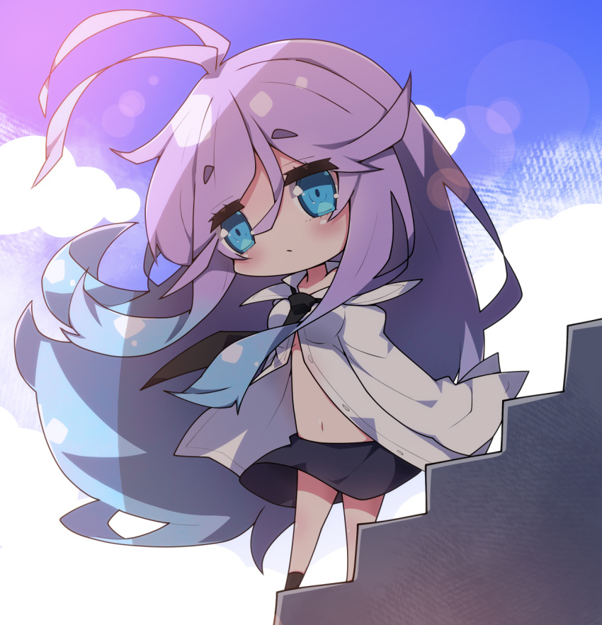 1girl antenna_hair black_legwear black_neckwear black_skirt blue_eyes blue_hair blue_sky blush breasts chibi closed_mouth collared_shirt commentary_request day dress_shirt fuyou-chan gradient_hair highres long_hair medium_breasts milkpanda multicolored_hair navel necktie open_clothes open_shirt original outdoors purple_hair shirt skirt sky socks solo standing very_long_hair white_shirt