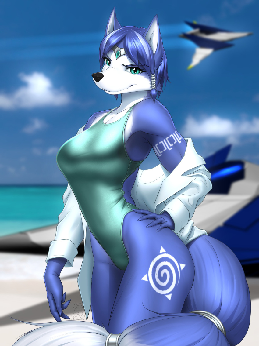 2021 absurd_res anthro arm_markings arwing beach black_nose blue_body blue_fur blue_hair breasts canid canine cleavage clothed clothing countershade_face countershade_torso countershading digital_media_(artwork) female fox fur hair hand_on_hip hand_on_own_hip head_jewelry hi_res jacket krystal looking_at_viewer mammal markings multicolored_body multicolored_fur mykegreywolf nintendo one-piece_swimsuit sea seaside signature smile solo standing star_fox swimwear tailband thigh_marking topwear tribal_markings two_tone_body two_tone_fur undressing video_games water white_body white_countershading white_fur