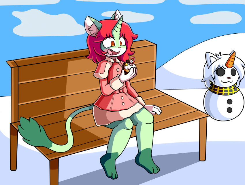 2021 anthro carrot clothed clothing crossgender digital_media_(artwork) dress equid equine fan_character felid feline female food fur green_body green_fur happy hi_res horn hybrid mammal mintyspirit ofioro open_mouth orange_eyes park_bench plant pok&eacute;_puff sitting snow snowman solo thick_thighs unicorn unicorn_horn vegetable white_body white_fur winter