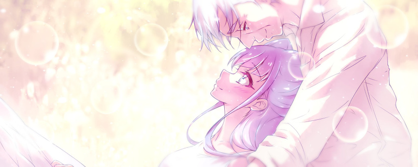 1boy 1girl blush closed_mouth doctor_traum dress_shirt eye_contact father_and_daughter half-closed_eyes highres hugtto!_precure kyoutsuugengo lens_flare long_hair looking_at_another looking_down looking_up precure profile ruru_amour shirt silver_hair smile upper_body white_shirt