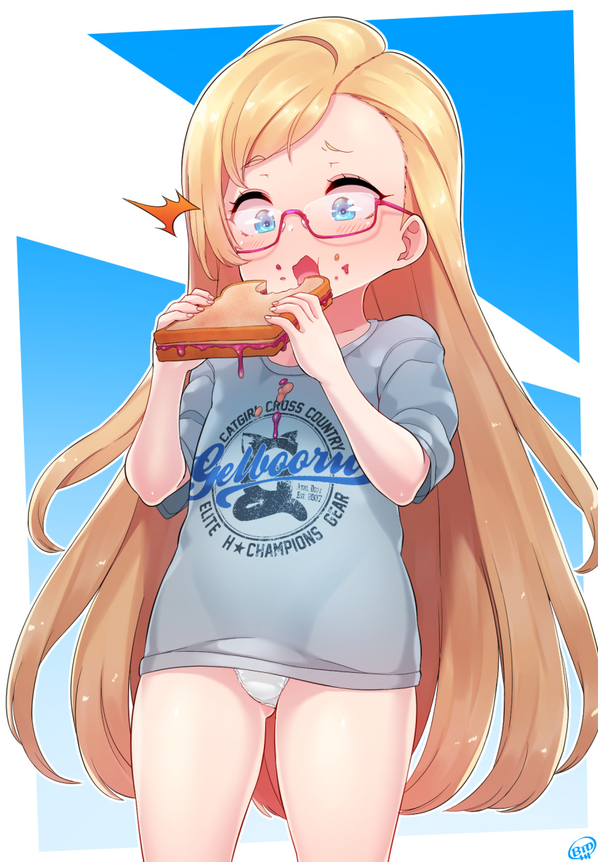 1girl ^^^ artist_name ass_visible_through_thighs asymmetrical_hair bangs blonde_hair blue_background blue_eyes blush border born-to-die clothed_writing constricted_pupils cowboy_shot dripping eating english_text eyebrows_visible_through_hair flat_chest food food_bite food_on_clothes food_on_face gelbooru gelbooru-tan glasses grey_shirt hands_up highres holding holding_food long_hair open_mouth outline outside_border panties pink-framed_eyewear raised_eyebrow sandwich semi-rimless_eyewear shiny shiny_hair shiny_skin shirt short_sleeves signature simple_background solo spill standing swept_bangs thighs two-tone_background underwear very_long_hair white_border white_outline white_panties wide-eyed