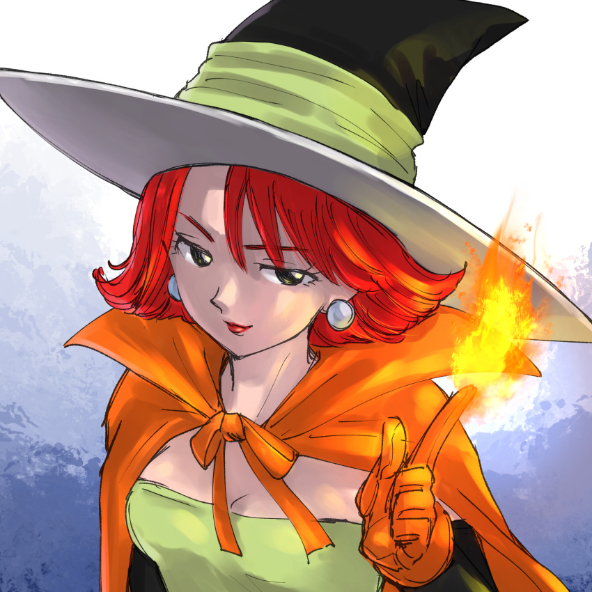 1girl black_eyes black_headwear black_sleeves breasts cape chinyan cleavage commentary_request detached_sleeves dragon_quest dragon_quest_iii dress earrings fire gloves green_dress green_ribbon hat hat_ribbon highres jewelry mage_(dq3) magic medium_breasts orange_cape orange_gloves red_hair ribbon short_hair sleeveless sleeveless_dress solo strapless strapless_dress upper_body witch_hat