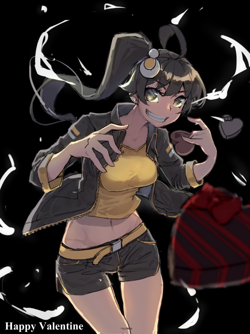 ahoge alternate_costume araragi_karen bangs black_background black_hair black_jacket black_shorts box breasts candy chocolate chocolate_heart collarbone cowboy_shot crop_top english_text food fried_egg grey_eyes heart heart-shaped_box highres holding jacket long_hair long_sleeves looking_at_viewer medium_breasts midriff monogatari_(series) navel short_shorts shorts side_ponytail smile thomas_(aoakumasan) valentine