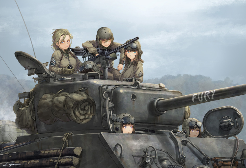 5girls browning_m1919 commentary_request duplicate english_text fury_(movie) gloves goggles goggles_on_headwear ground_vehicle gun hatch helmet jacket kws m4_sherman machine_gun military military_uniform military_vehicle motor_vehicle multiple_girls soldier tank tank_helmet uniform weapon world_war_ii