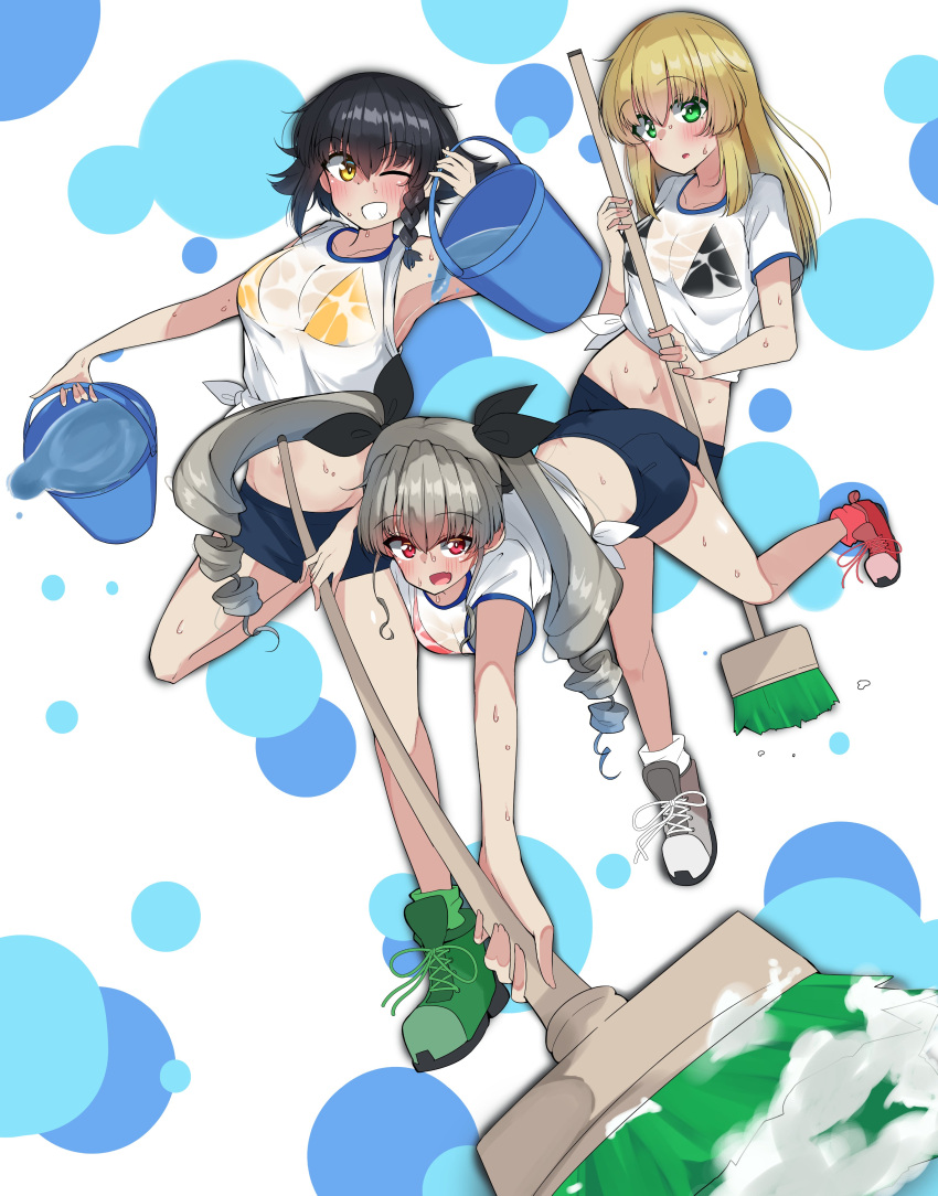 3girls absurdres anchovy_(girls_und_panzer) antyobi0720 bangs bikini bikini_under_clothes black_bikini black_hair black_ribbon blonde_hair blue_shorts blush braid breasts broom brown_eyes bucket carpaccio_(girls_und_panzer) casual commentary cross-laced_footwear dolphin_shorts drill_hair eyebrows_visible_through_hair floating_hair food foreshortening fruit girls_und_panzer green_eyes green_footwear green_hair green_legwear grey_footwear grin gym_shirt gym_uniform hair_ribbon highres holding holding_broom holding_bucket leg_up leotard long_hair looking_at_viewer medium_breasts midriff multiple_girls navel one_eye_closed open_mouth parted_lips pepperoni_(girls_und_panzer) polka_dot polka_dot_background red_bikini red_eyes red_footwear red_leotard ribbon see-through shirt short_hair short_sleeves shorts side_braid smile socks spilling standing standing_on_one_leg sweat swimsuit t-shirt tied_shirt twin_drills twintails watermelon wet wet_clothes wet_shirt white_legwear white_shirt yellow_bikini