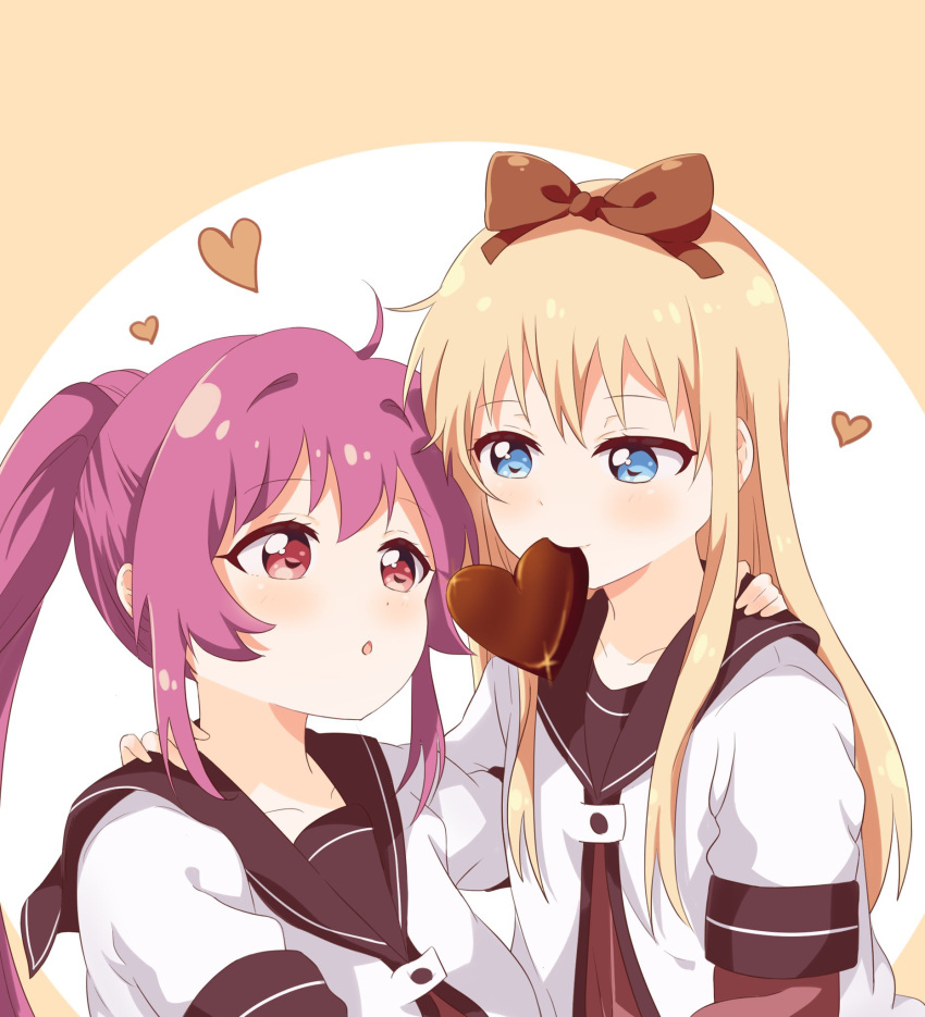 2girls ahoge blonde_hair blue_eyes blush bow candy chocolate chocolate_heart collarbone eyebrows_visible_through_hair food hair_bow hair_ornament heart highres hug long_hair looking_at_another m00000st18 multiple_girls nanamori_school_uniform orange_background ponytail purple_hair red_eyes school_uniform shiny shiny_hair simple_background sugiura_ayano toshinou_kyouko two-tone_background white_background yuri yuru_yuri