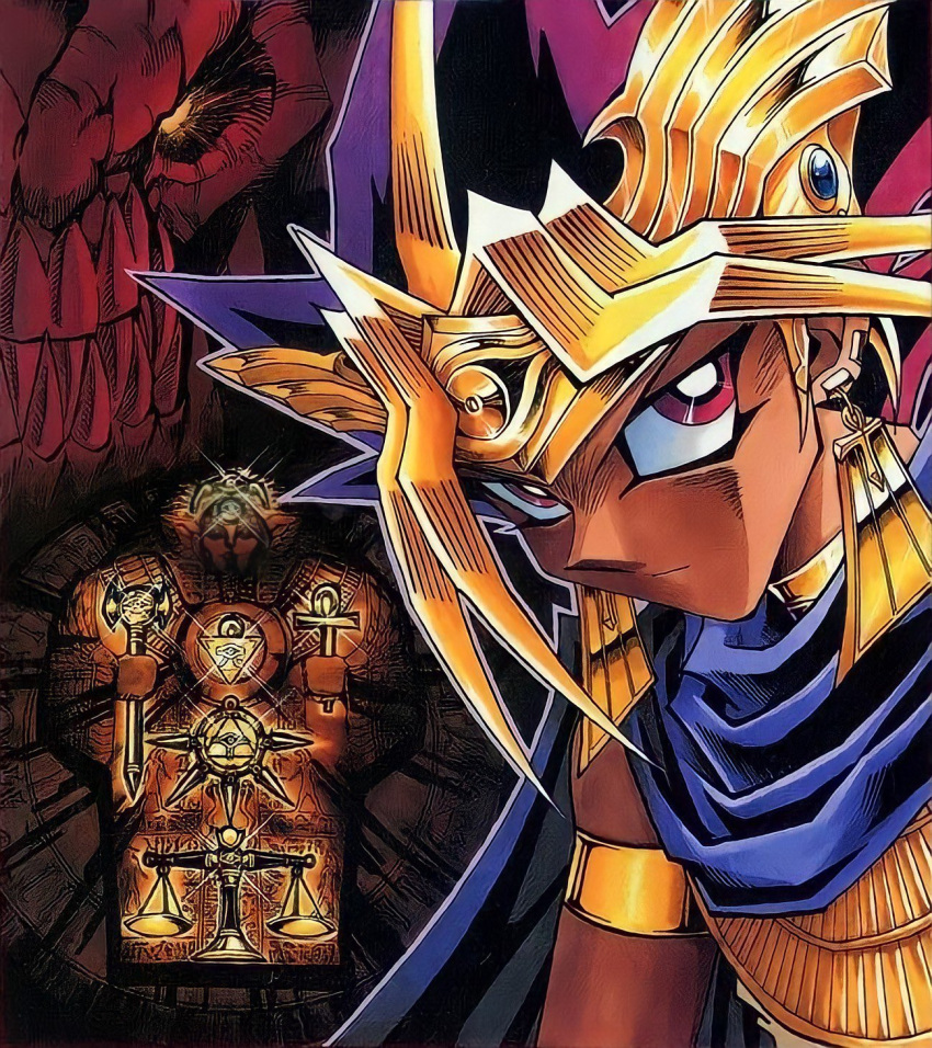 1boy armlet atem black_hair blonde_hair bright_pupils cape circlet closed_mouth dark_skin dark_skinned_male ear_piercing earrings egyptian highres jewelry leaning_forward looking_to_the_side male_focus millennium_key millennium_puzzle millennium_ring millennium_rod millennium_scale multicolored_hair official_art piercing purple_eyes spiked_hair yu-gi-oh! yu-gi-oh!_duel_monsters