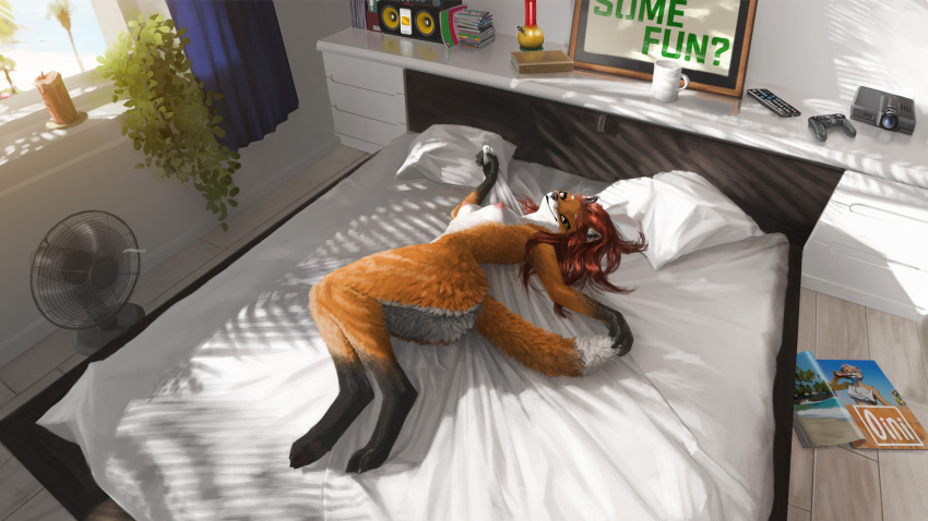 16:9 anthro areola bed biped black_body black_fur canid canine female fox fur furniture grab_tail hair hi_res looking_at_viewer lying mammal nipples oini orange_body orange_fur red_hair smile solo white_body white_fur widescreen