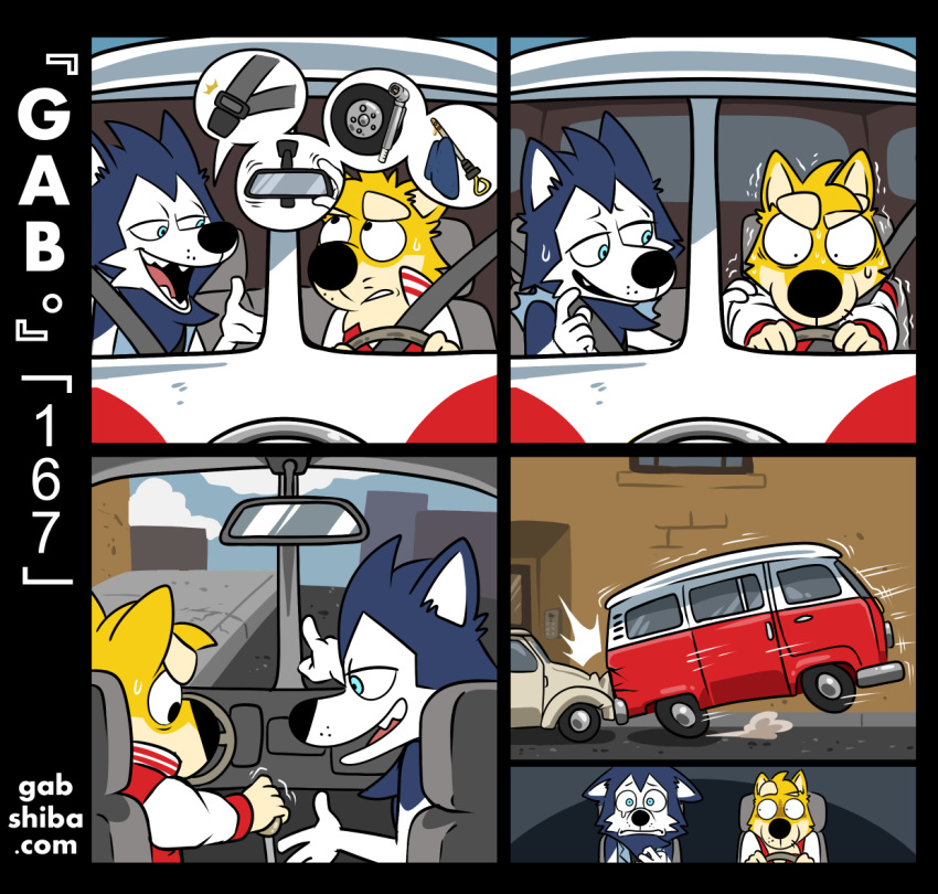 anthro bau_husky black_nose blue_body blue_eyes blue_fur bodily_fluids canid canine canis car car_accident car_collision car_crash clothed clothing comic domestic_dog driving duo fur gab_shiba gabshiba husky inside_car male mammal medium_truck multicolored_body multicolored_fur nervous nordic_sled_dog orange_body orange_fur pictographics scared shaking shiba_inu spitz street sweat sweatdrop text truck_(vehicle) two_tone_body two_tone_fur url van vehicle white_body white_fur