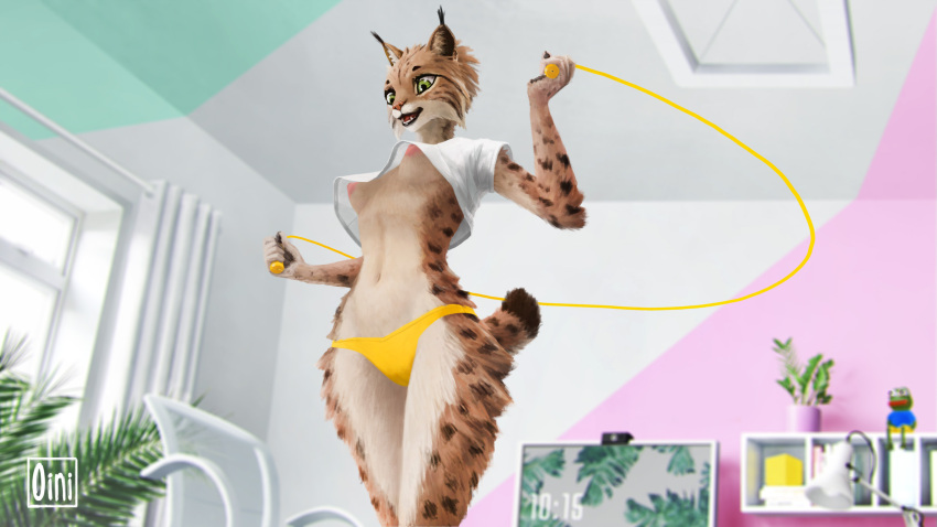 16:9 anthro areola biped bobcat brown_body brown_fur clothing dots felid feline female fur green_eyes hi_res jump_rope looking_down lynx mammal meme nipples oini open_mouth panties pepe_the_frog shirt solo topwear underwear white_body white_fur widescreen