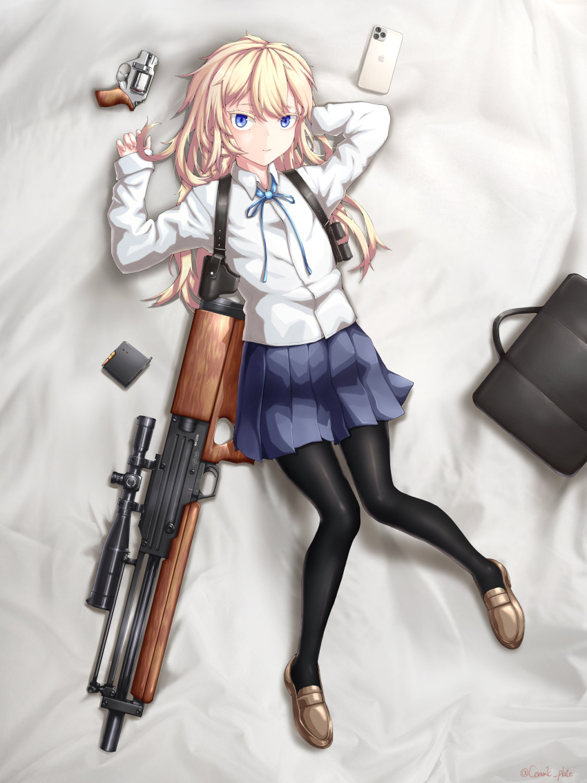 1girl absurdres bag blonde_hair blue_eyes bullpup cellphone ceramic_plate chiappa_rhino colored_eyelashes gun highres iphone long_hair lying on_back on_bed original pantyhose phone pleated_skirt rifle skirt smartphone sniper_rifle solo very_long_hair walther walther_wa_2000 weapon