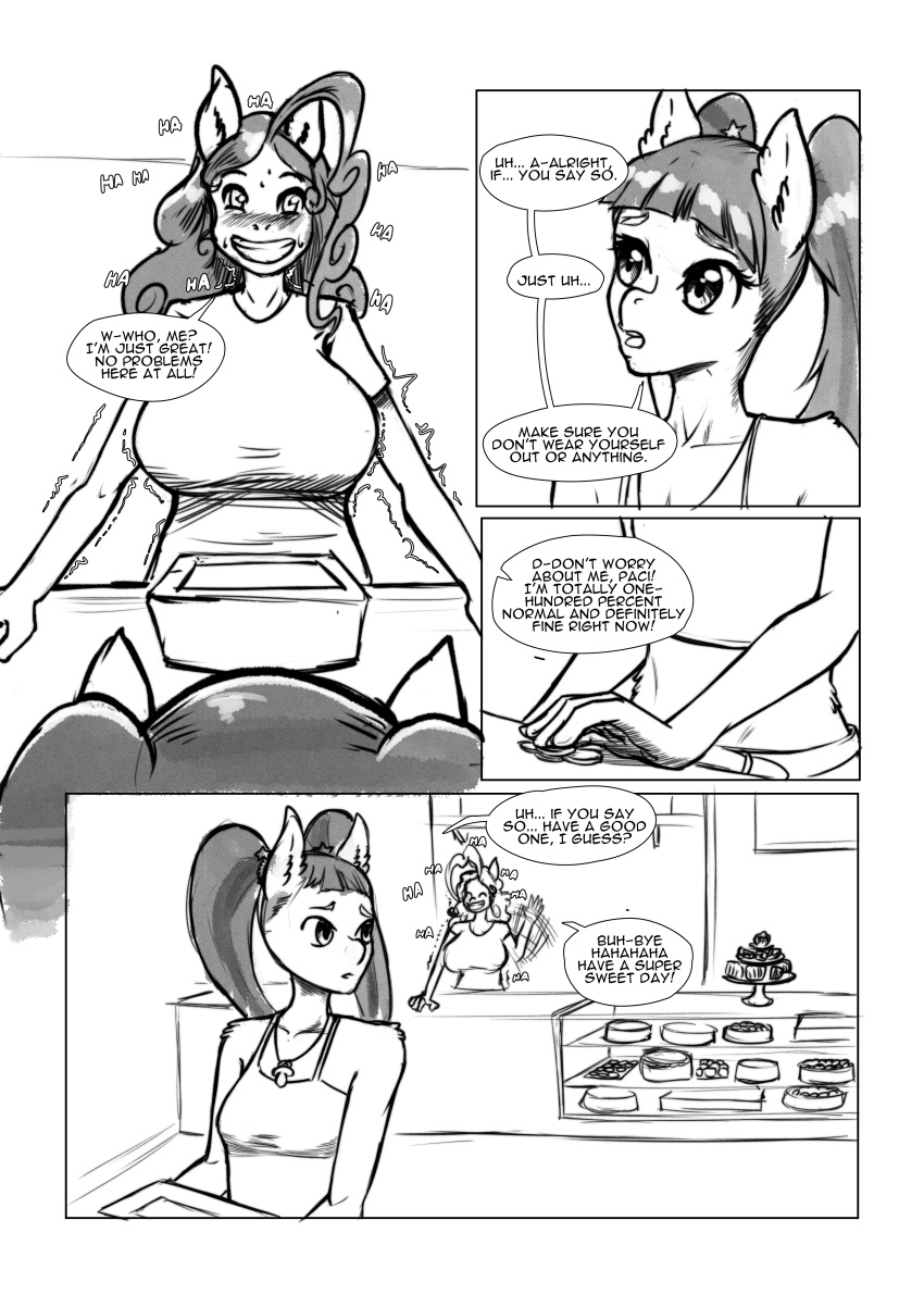 absurd_res anthro anthrofied bakuhaku big_breasts blush breast_size_difference breasts cake clothed clothing comic dessert dialogue equid food friendship_is_magic hi_res mammal monochrome my_little_pony pacific_glow_(mlp) pinkie_pie_(mlp) smile