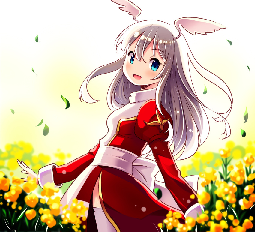 1girl :d bangs blue_eyes blush bow commentary_request cowboy_shot doridori dress eyebrows_visible_through_hair field flower flower_field hair_between_eyes head_tilt head_wings high_priest_(ragnarok_online) highres juliet_sleeves leaf leaves_in_wind long_hair long_sleeves looking_at_viewer looking_back open_mouth puffy_sleeves ragnarok_online red_dress sash smile solo standing thighhighs two-tone_dress white_bow white_dress white_hair white_legwear white_sash white_wings wings yellow_flower