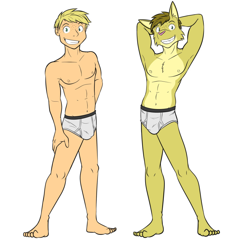 adam_caro alternate_species anthro briefs bulge clothed clothing duo felid feline freckles fuze grin hands_behind_head hi_res human humanized lynx male mammal navel nipples simple_background smile texnatsu topless underwear underwear_only white_background