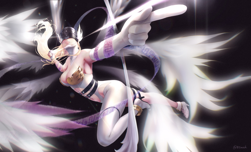 1girl absurdres angel_wings angewomon anklet armpits ass asymmetrical_clothes asymmetrical_gloves bare_shoulders beleven belt black_background blonde_hair bodysuit bow_(weapon) breasts cleavage closed_mouth clothing_cutout collarbone commentary covered_eyes digimoji digimon elbow_gloves facing_up fingerless_gloves floating floating_hair full_body gloves groin hagoromo helmet high_heels highres holy_ring jewelry large_breasts long_hair mismatched_footwear multiple_wings navel navel_cutout o-ring_belt partially_fingerless_gloves shawl sidelocks simple_background single_elbow_glove single_fingerless_glove skindentation solo thigh_strap twitter_username weapon white_bodysuit white_footwear white_gloves winged_helmet wings