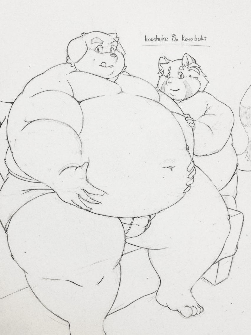 2021 ailurid anthro belly bulge canid canine canis clothing domestic_dog duo futaba_kotobuki hi_res humanoid_hands kemono male male/male mammal namihira_kousuke navel obese obese_male overweight overweight_male qmdk1234 red_panda sitting sketch text traditional_media_(artwork) trouble_(series) underwear