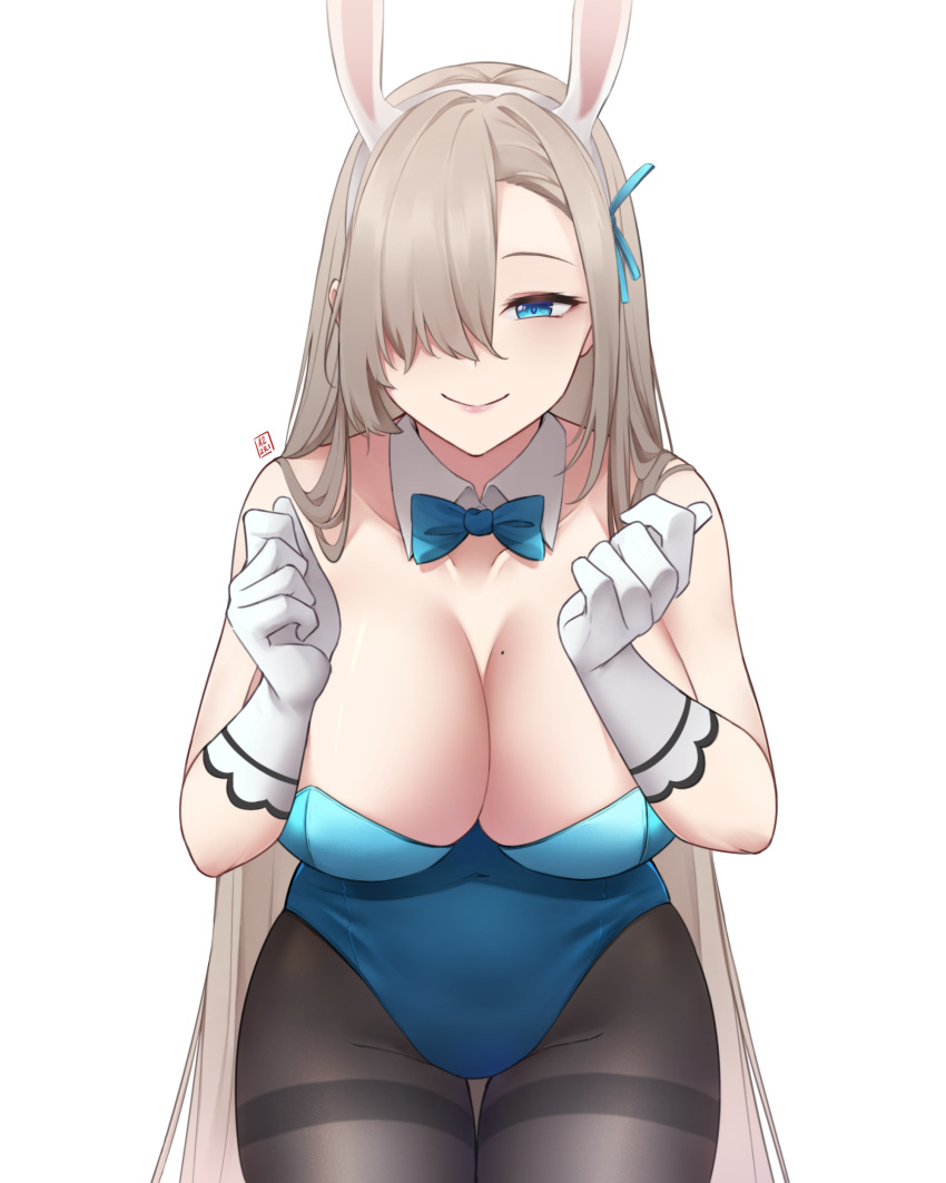 1girl absurdres animal_ears asuna_(blue_archive) azuri909 black_legwear blue_archive blue_leotard bow bowtie breasts cleavage closed_mouth covered_navel cowboy_shot detached_collar elbow_gloves fake_animal_ears gloves hair_over_one_eye hairband highres large_breasts leotard light_brown_hair long_hair looking_at_viewer mole mole_on_breast one_eye_covered pantyhose playboy_bunny rabbit_ears simple_background smile solo white_background white_gloves white_hairband