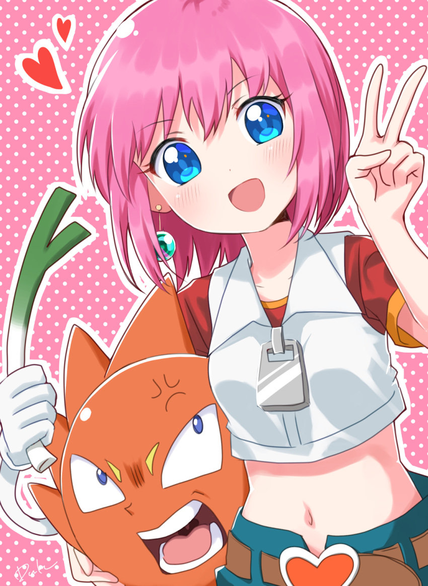 1boy 1girl :d anger_vein angry bangs beauty belt blue_eyes blue_pants blush bobobo-bo_bo-bobo brown_belt commentary_request crop_top don_patch earrings eyebrows_visible_through_hair food gloves hand_up happy heart heart_belt highres holding holding_food holding_spring_onion holding_vegetable jewelry looking_at_another looking_at_viewer looking_up midriff navel open_mouth outline pants pink_background pink_hair polka_dot polka_dot_background shirt short_hair short_sleeves smile spring_onion teeth tongue usagi_koushaku v vegetable white_gloves white_outline zipper_pull_tab