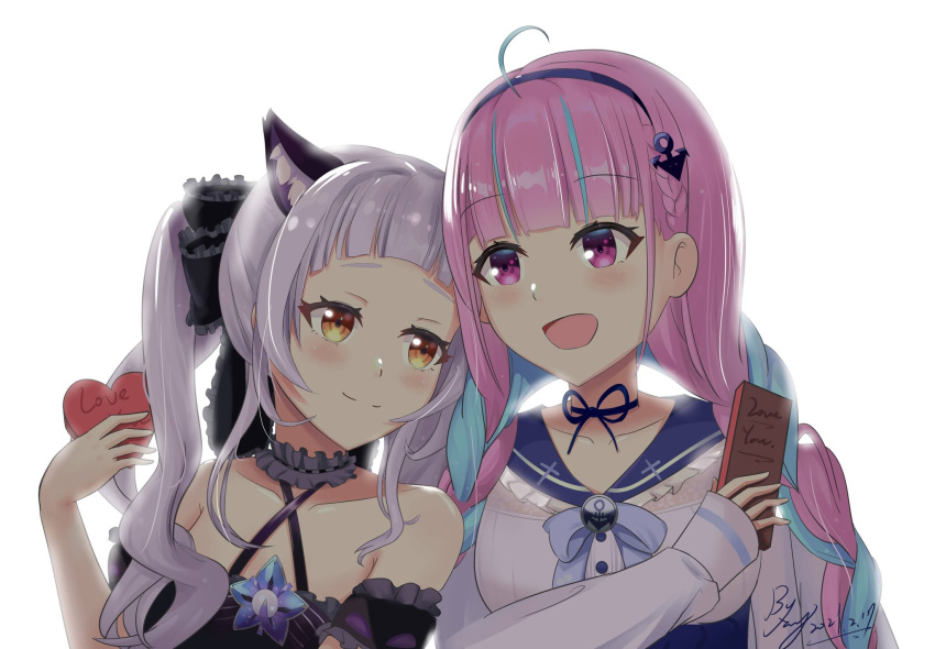 2girls animal_ears bangs blue_hair blush box braid breasts cat_ears colored_inner_hair gift highres hololive long_hair long_sleeves looking_at_viewer minato_aqua multicolored_hair multiple_girls murasaki_shion nekotaririn open_mouth purple_eyes purple_hair ribbon silver_hair smile twintails two-tone_hair valentine virtual_youtuber yellow_eyes