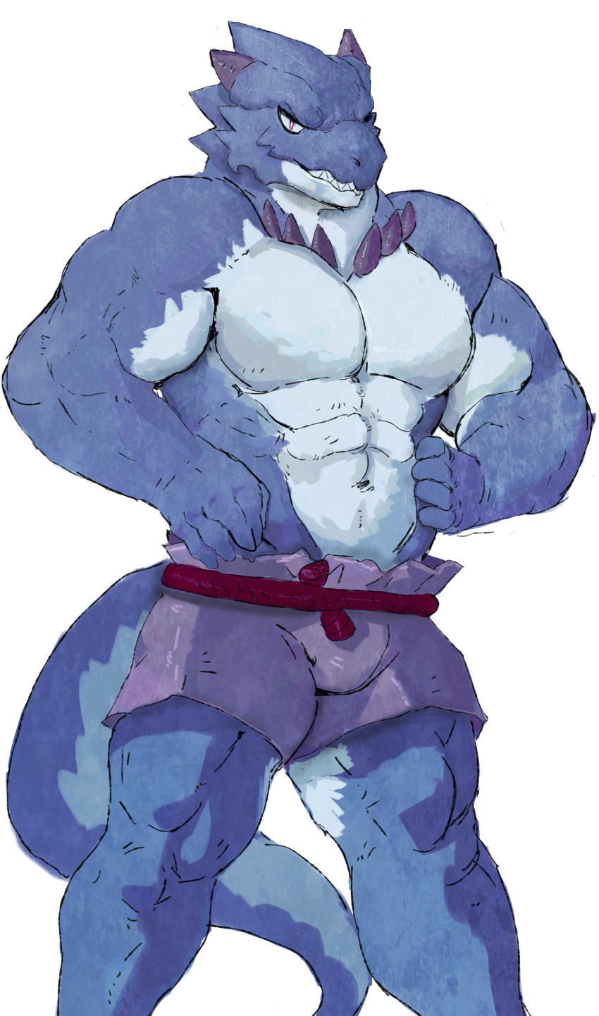 2021 5_fingers abs absurd_res anthro barazoku belt biceps big_biceps big_muscles big_pecs biped blue_body blue_scales blue_skin blue_tail bottomwear boxer_briefs bulge clothed clothing countershade_face countershade_torso countershading digital_media_(artwork) dragon fangs fingers fluffedwings front_view garreth_(identity) grin hands_on_hips happy hi_res horn huge_muscles humanoid_hands identity_(game) lizard looking_at_viewer male muscular muscular_anthro muscular_male neck_muscles obliques pants pecs pose purple_bottomwear purple_clothing purple_eyes quads reptile rope rope_belt scales scalie serratus short_horn simple_background smile smirk solo spikes standing stocky tall teeth tongue topless topless_male triceps two_tone_tail underwear video_games visual_novel white_background white_body white_countershading white_scales white_skin