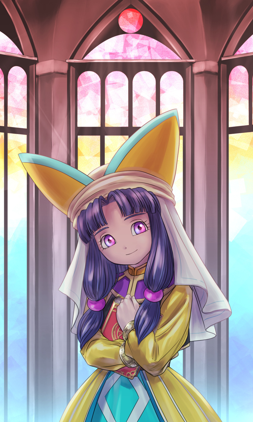 1girl absurdres chinyan commentary_request dragon_quest dragon_quest_vii dress fosse_(dq7) hair_bobbles hair_ornament hat head_tilt highres looking_at_viewer purple_eyes purple_hair veil yellow_dress