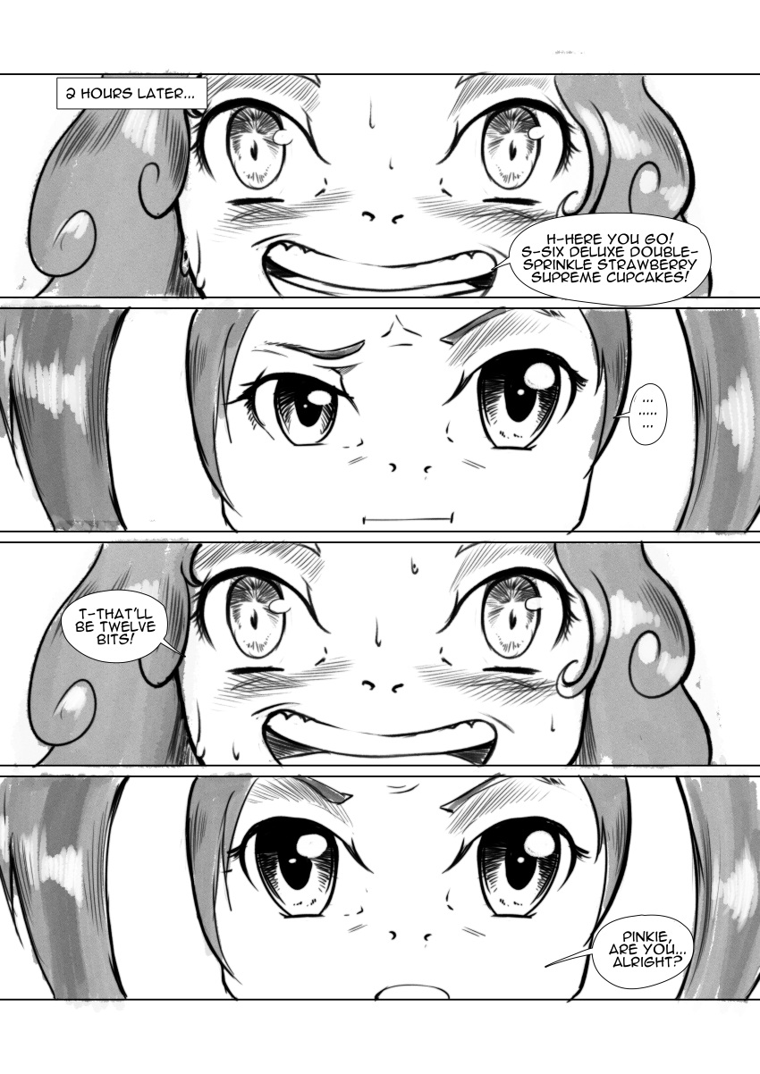 absurd_res anthro anthrofied bakuhaku big_breasts blush bodily_fluids breasts comic dialogue duo equid friendship_is_magic hasbro hi_res mammal monochrome my_little_pony pacific_glow_(mlp) pinkie_pie_(mlp) smile sweat