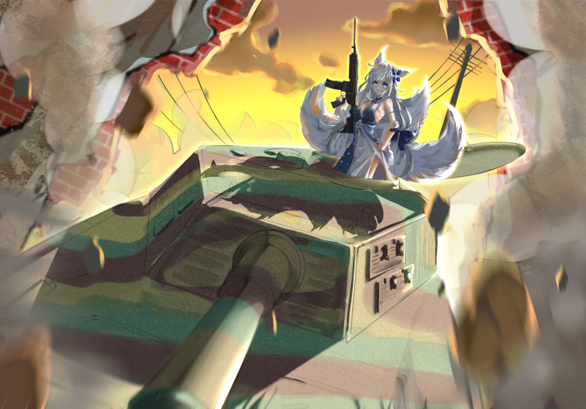 1girl absurdres animal_ears artist_request assault_rifle azur_lane blue_eyes breasts brick_wall cloud commentary_request dress fox_ears fox_girl fox_tail ground_vehicle gun highres huge_filesize long_hair military military_vehicle motor_vehicle multiple_tails rifle shinano_(azur_lane) sky smile smoke solo tail tank tiger_ii utility_pole weapon white_hair