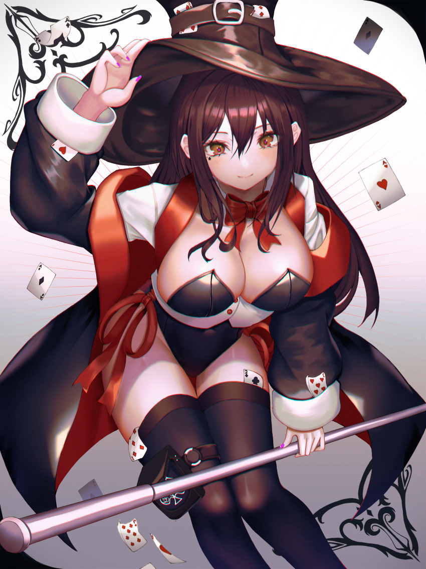 1girl absurdres arm_up black_coat black_hair black_headwear black_legwear black_leotard bow bowtie breasts brown_eyes card cleavage coat crop_top cup6542 detached_collar groin hair_between_eyes hand_on_headwear hat highleg highleg_leotard highres holding large_breasts leotard long_hair long_sleeves looking_at_viewer mole mole_under_eye nail_polish off_shoulder open_clothes open_coat original playboy_bunny playing_card polearm smile solo thigh_strap thighhighs thighs top_hat weapon white_coat