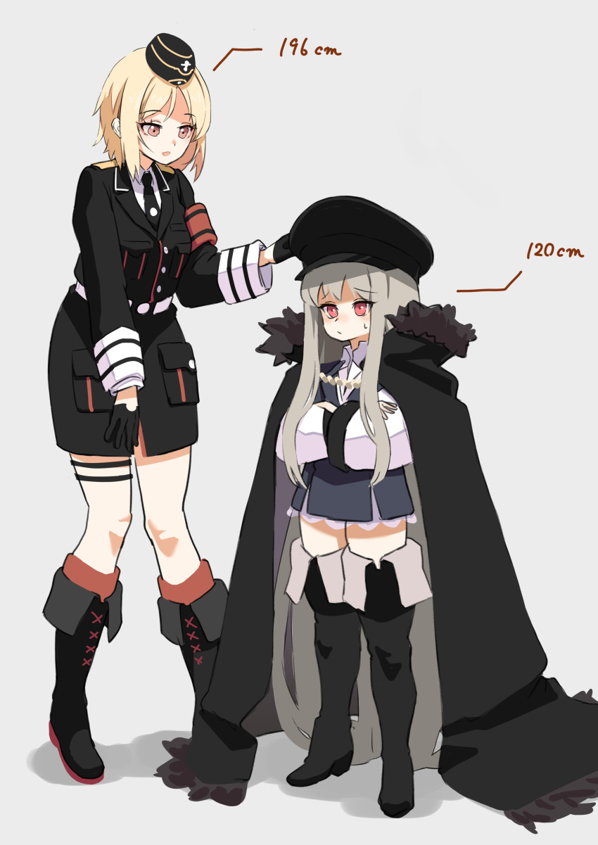 2girls absurdly_long_hair absurdres blonde_hair blush boots brown_eyes cape girls_frontline grey_hair hat height_difference highres kar98k_(girls_frontline) knee_boots long_hair medium_hair mp40_(girls_frontline) multiple_girls red_eyes sidelocks sweatdrop thigh_boots thighhighs toryu_fufu very_long_hair