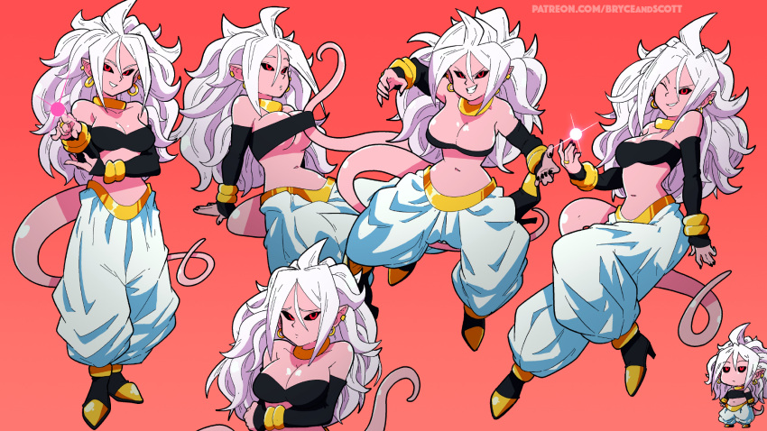 1girl android_21 black_nails black_sclera black_tubetop bracelet breasts cleavage colored_sclera colored_skin dragon_ball dragon_ball_fighterz ear_piercing earrings harem_pants highres hoop_earrings jewelry long_hair looking_at_viewer majin_android_21 medium_breasts midriff multiple_views navel neck_ring one_eye_closed pants piercing pink_skin pointy_ears red_eyes scott_malin strapless tail tubetop watermark web_address white_hair white_pants