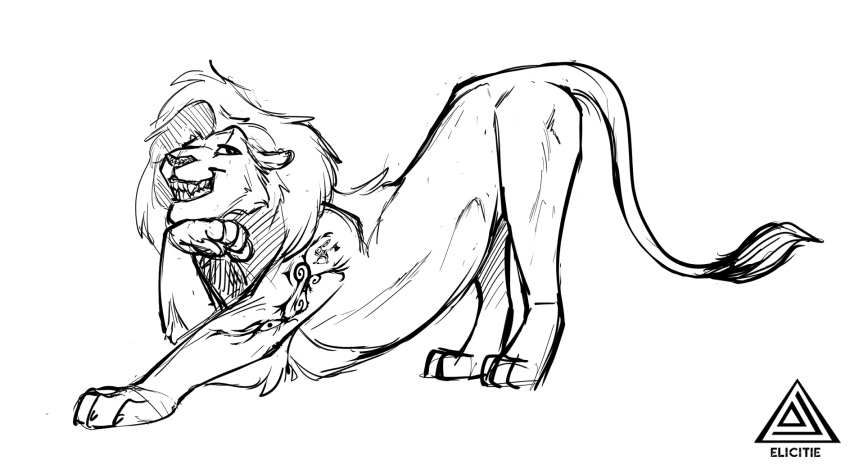 ass_up black_and_white elicitie english_text felid feral grin hi_res hybrid line_art lion looking_at_viewer male mammal mane markings maskelyne monochrome pantherine pose signature simple_background sketch smile solo tail_tuft text tribal_markings tuft white_background