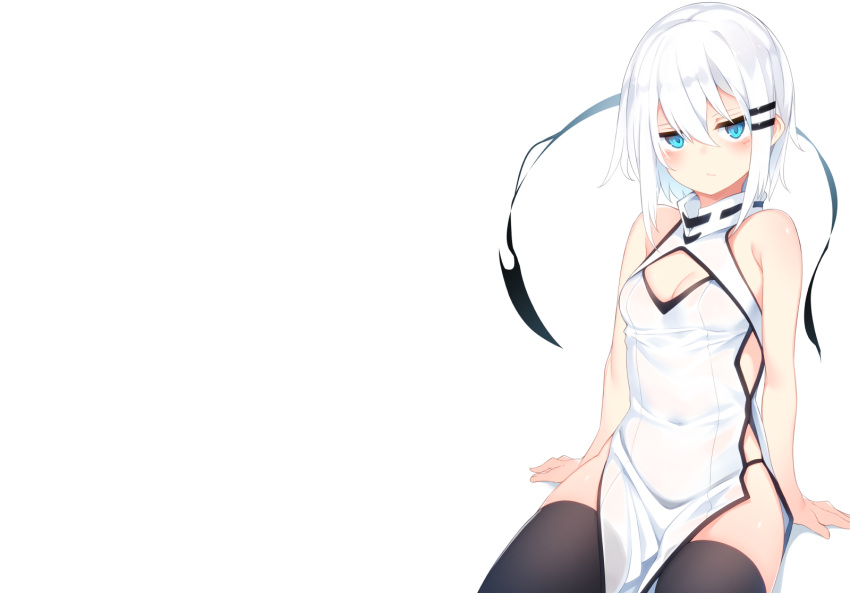 aqua_eyes blush breasts chinese_clothes chinese_dress cleavage cropped dress magic original otokuyou ringo-chan_(otokuyou) short_hair thighhighs white white_hair